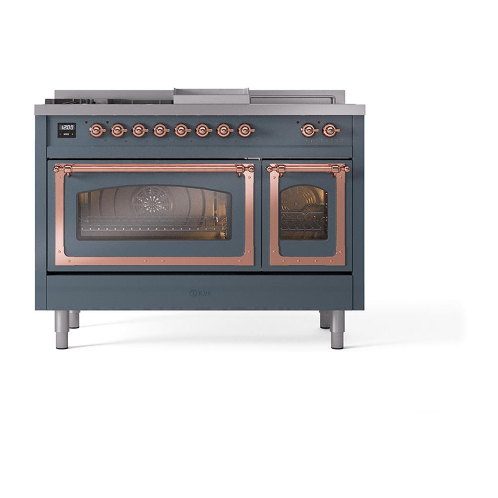 ILVE UN48FSNMPBGP Nostalgie II Noblesse 48 inch Dual Fuel Range (5 Sealed Burners + Griddle + French Top, Natural Gas, Triple Glass Door, Blue Grey, Copper)
