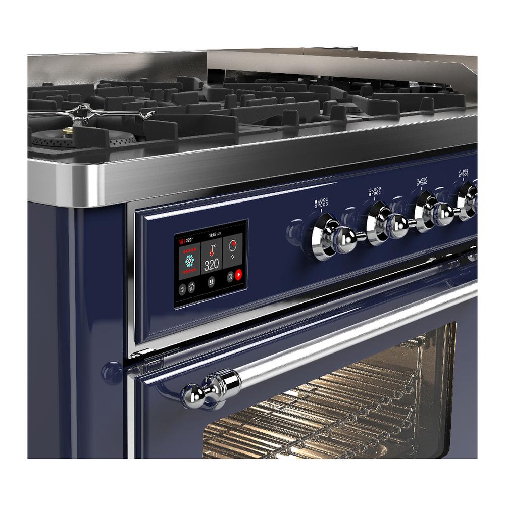 ILVE UM60FNR3MBC Majestic III 60 inch Dual Fuel Range with 9 Burners and Griddle, Dual Function Burner up to 25,000 BTU (Natural Gas, Triple Glass Door, Midnight Blue, Chrome)