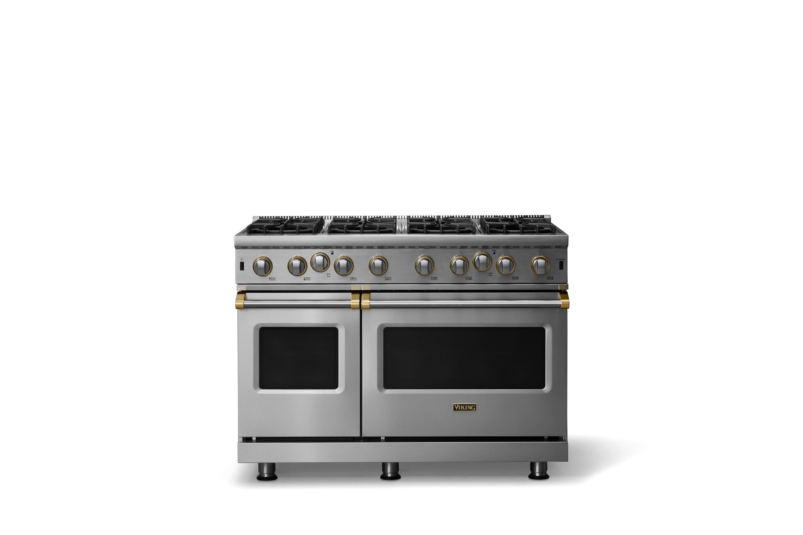 48"W. Open Burner Gas Range (Finish: Stainless Steel, Trim: Brushed Brass, Fuel: Natural Gas)