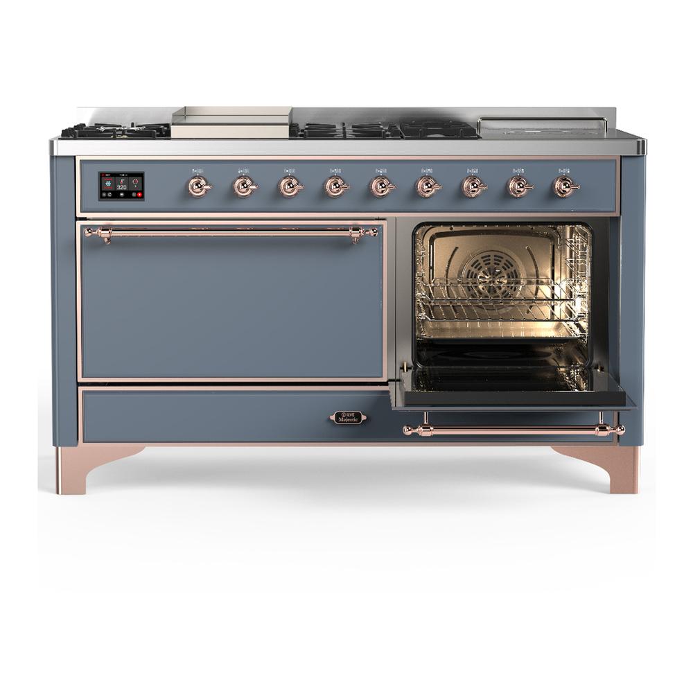ILVE UM60FSQNR3BGPLP Majestic III 60 inch Dual Fuel Range with 7 Burners, Griddle and French Top, Dual Function Burner with up to 25,000 BTU (Liquid Propane, Solid Door, Blue Grey, Copper)