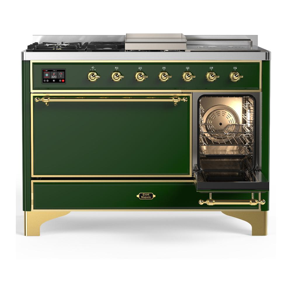 ILVE UM48FSQNR3EGGLP Majestic III 48 inch Dual Fuel Range with 5 Black Brass Burners, Griddle and French Top, Dual Function Burner up to 25,000 BTU (Liquid Propane, Solid Door, Emerald Green, Brass)