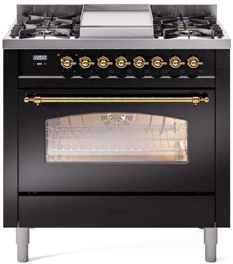 Nostalgie II 36 Inch Dual Fuel Natural Gas Freestanding Range in Glossy Black with Brass Trim