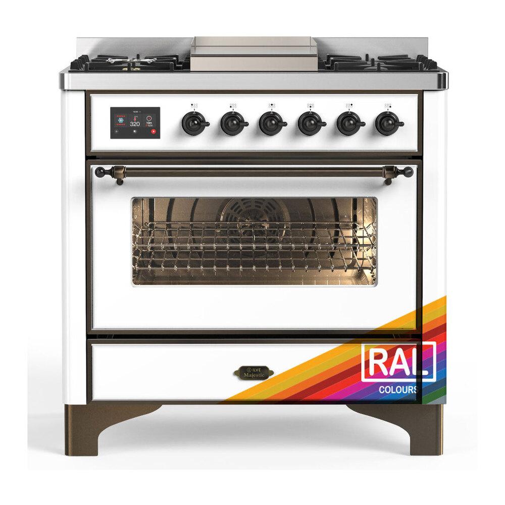 ILVE UM36FNR3RABLP Majestic III 36 inch Dual Fuel Range with 6 Black Brass Burners and Griddle, Dual Function Burner up to 25,000 BTU (Triple Glass Door, RAL, Burnished, Liquid Propane)