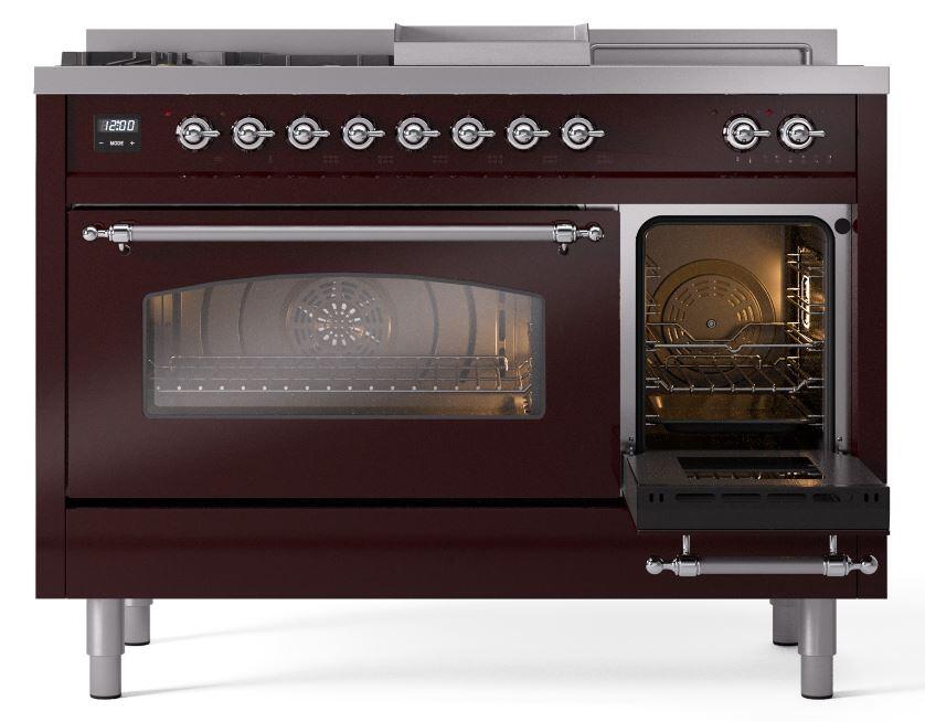 Nostalgie II 48 Inch Dual Fuel Liquid Propane Freestanding Range in Burgundy with Chrome Trim