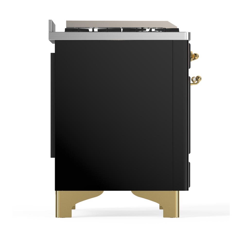 ILVE UM48FQNR3BKG Majestic III 48 inch Dual Fuel Range with 8 Burners and Griddle, Dual Function Burner up to 25,000 BTU (Natural Gas, Solid Door, Glossy Black, Brass)