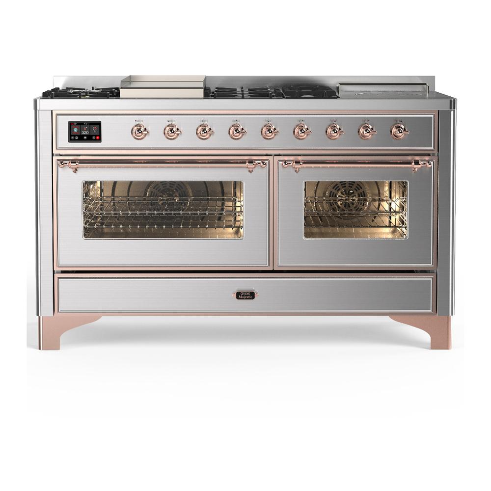 ILVE UM60FSNR3SSPLP Majestic III 60 inch Dual Fuel Range with 7 Burners, Griddle and French Top, Dual Function Burner with up to 25,000 BTU (Liquid Propane, Triple Glass Door, Stainless Steel, Copper)