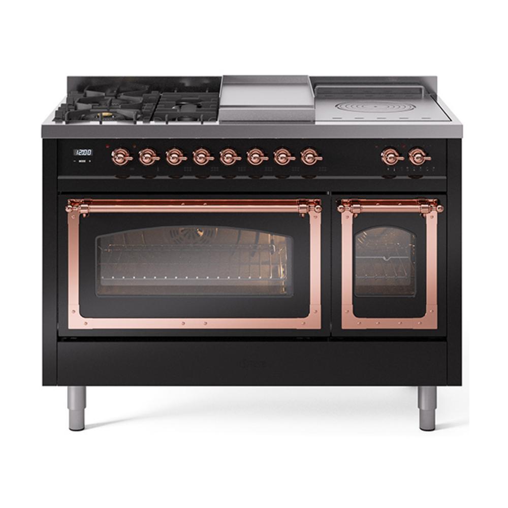 ILVE UN48FSNMPBKP Nostalgie II Noblesse 48 inch Dual Fuel Range (5 Sealed Burners + Griddle + French Top, Natural Gas, Triple Glass Door, Glossy Black, Copper)