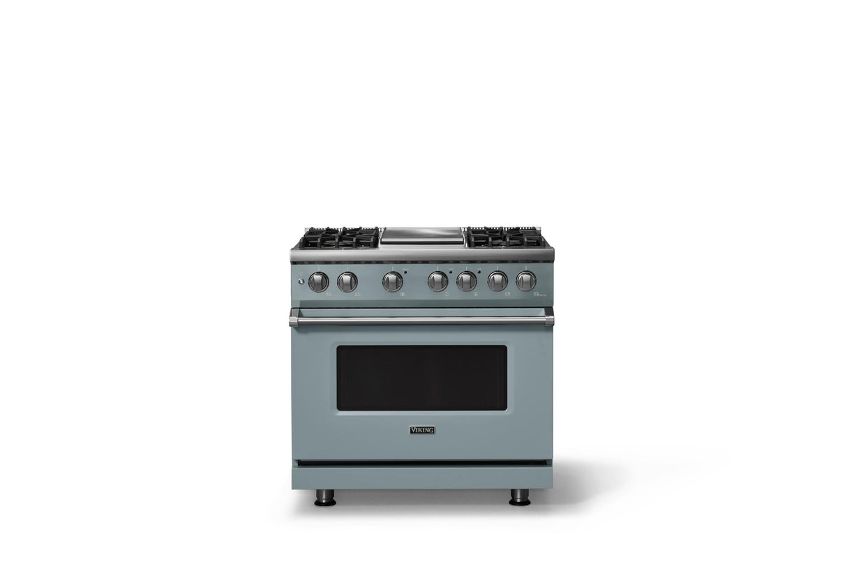 36"W. Dual Fuel Range (Burner: 4g, Finish: November Sky, Trim: Polished Chrome, Fuel: Propane)