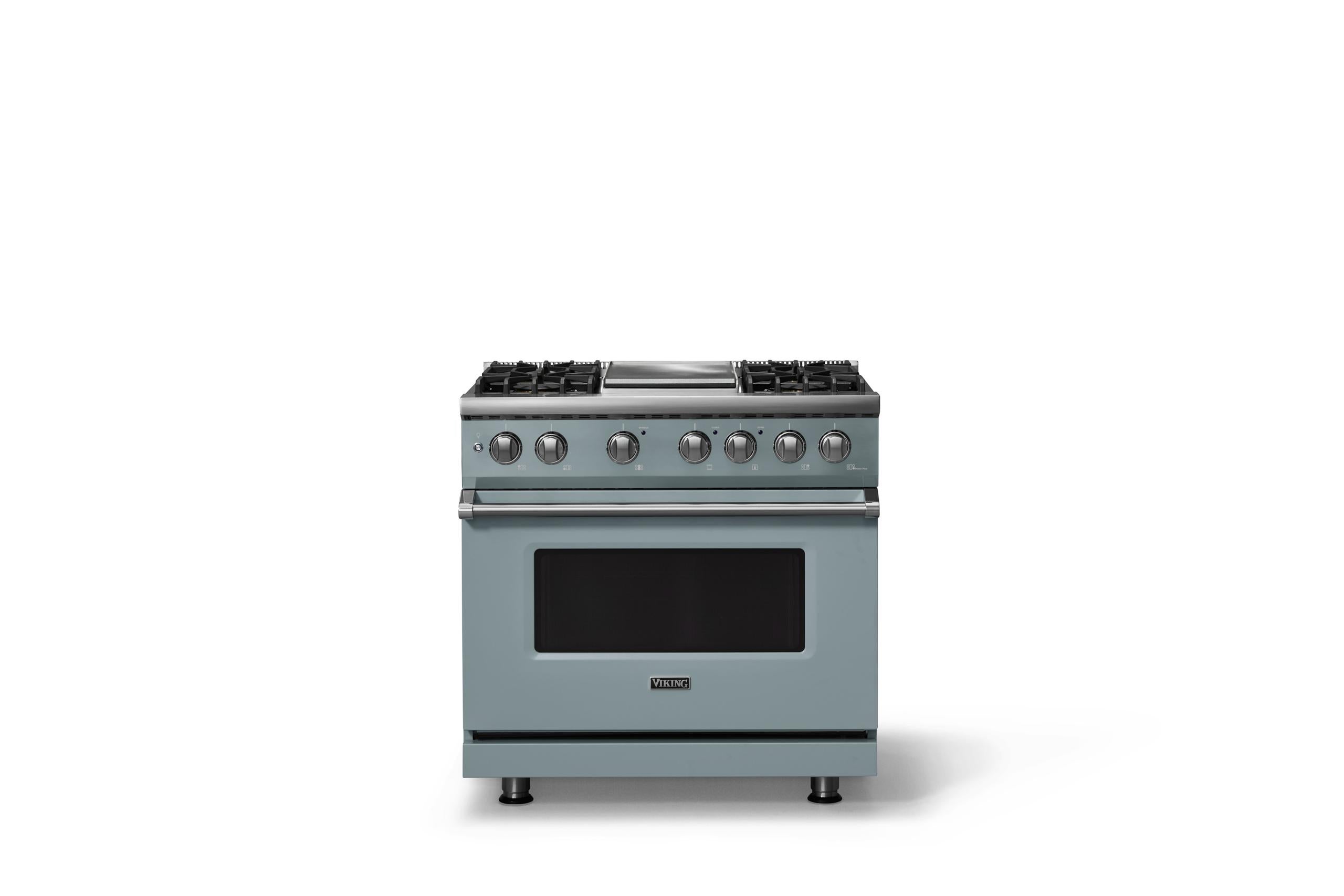 36"W. Dual Fuel Range (Burner: 4g, Finish: November Sky, Trim: Polished Chrome, Fuel: Propane)