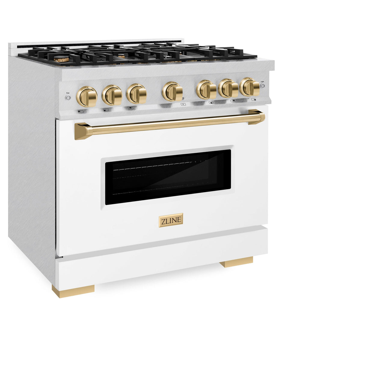 ZLINE Autograph Edition 36 in. 5.2 cu. ft. Classic Dual Fuel Range with 6 Burner Gas Cooktop and Electric Convection Oven in DuraSnow' Stainless Steel with White Matte Door and Polished Gold Accents (CDRSZ-WM-36-G)