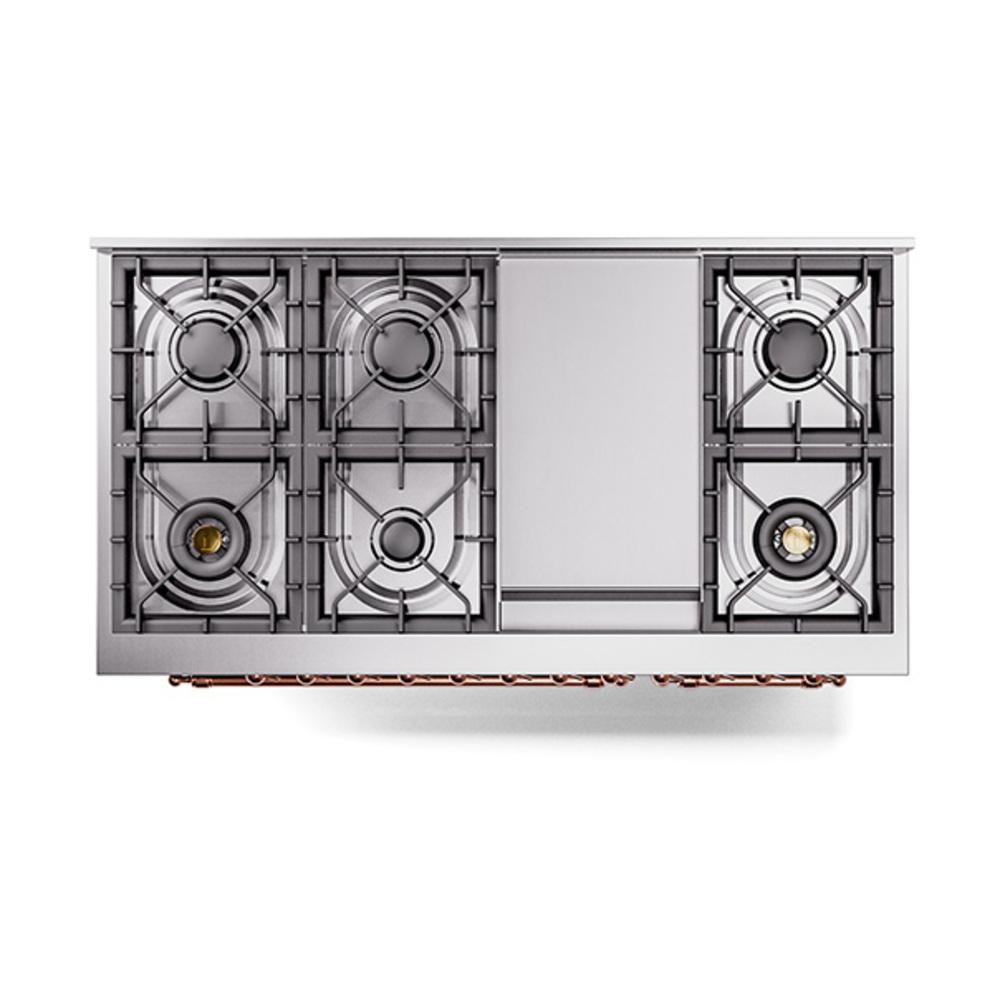ILVE UN48FQNMPEGPLP Nostalgie II Noblesse 48 inch Dual Fuel Range (8 Sealed Burners + Griddle, Liquid Propane, Solid Door, Emerald Green, Copper)