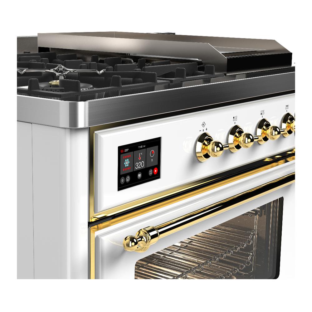 ILVE UM48FSNR3WHG Majestic III 48 inch Dual Fuel Range with 5 Black Brass Burners, Griddle and French Top, Dual Function Burner up to 25,000 BTU (Natural Gas, Triple Glass Door, White, Brass)