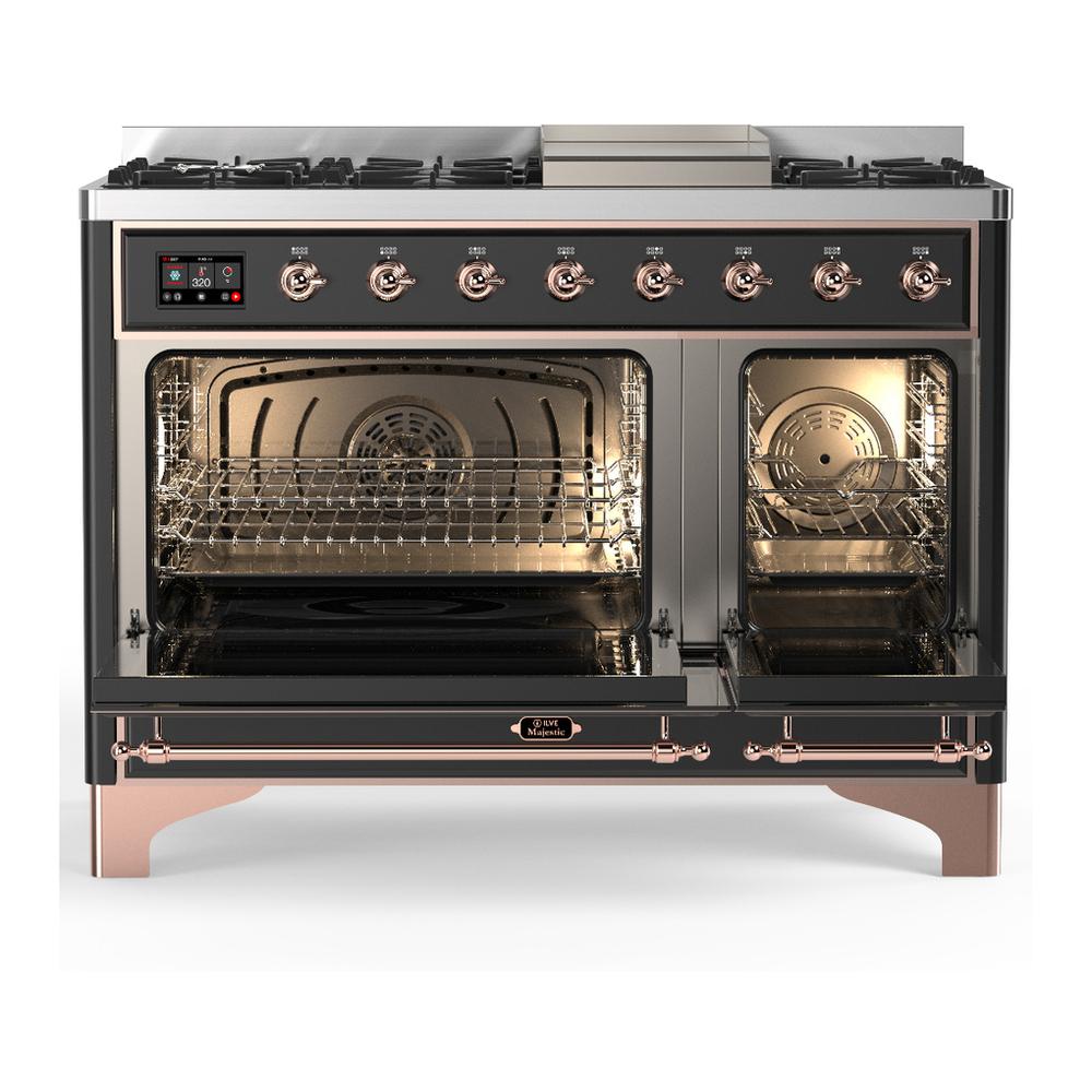 ILVE UM48FQNR3MGPLP Majestic III 48 inch Dual Fuel Range with 8 Burners and Griddle, Dual Function Burner up to 25,000 BTU (Liquid Propane, Solid Door, Graphite Matte, Copper)