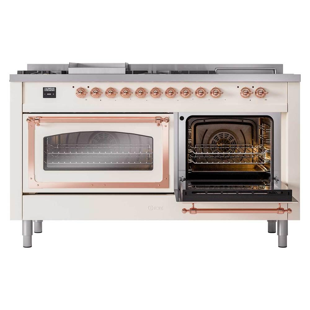 ILVE UN60FSNMPAWPLP Nostalgie II Noblesse 60 inch Dual Fuel Range (7 Sealed Burners + Griddle + French Top, Liquid Propane, Triple Glass Door, Antique White, Copper)