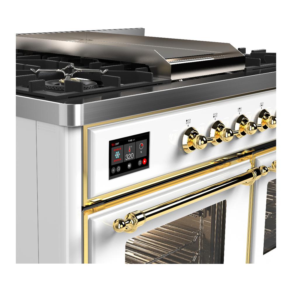 ILVE UMD40FNR3WHGLP Majestic III 40 inch Dual Fuel Range with 6 Burners and Griddle, Dual Function Burner up to 25,000 BTU (Liquid Propane, Triple Glass Door, White, Brass)