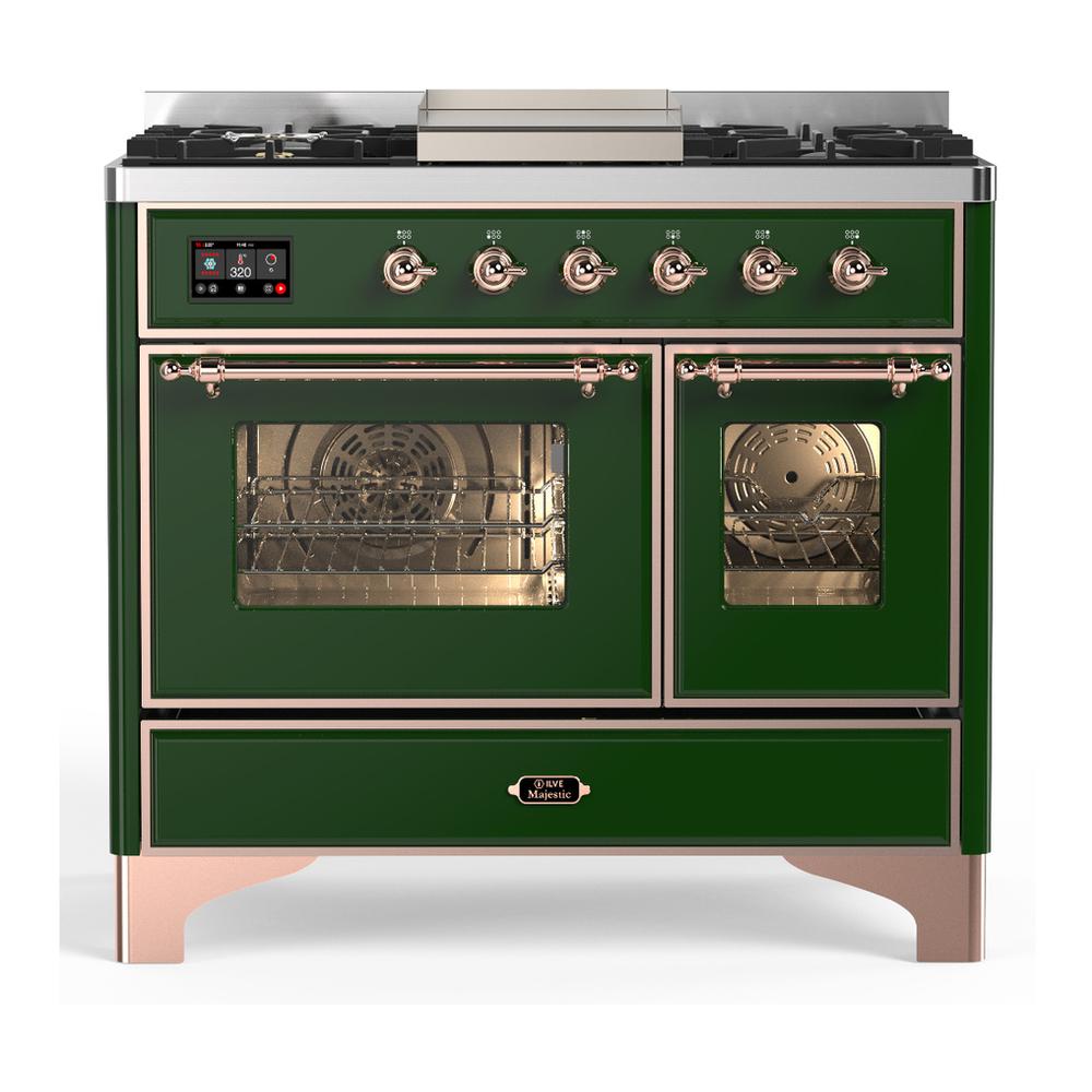 ILVE UMD40FNR3EGPLP Majestic III 40 inch Dual Fuel Range with 6 Burners and Griddle, Dual Function Burner up to 25,000 BTU (Liquid Propane, Triple Glass Door, Emerald Green, Copper)