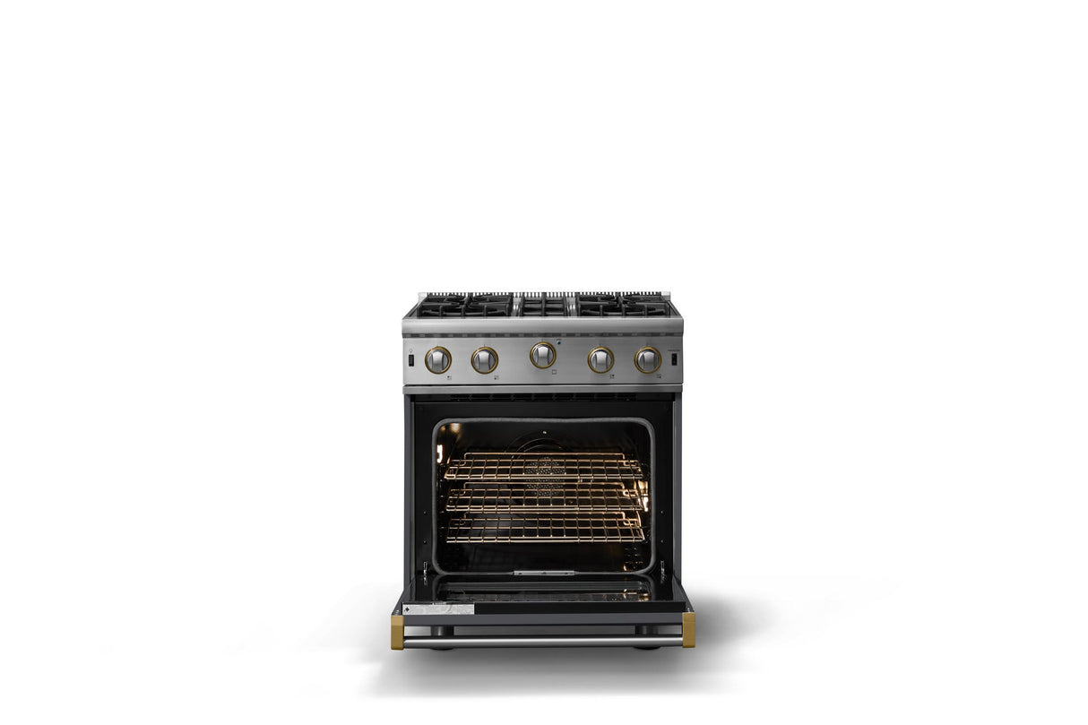 30"W. Open Burner Gas Range (Finish: Cast Black, Trim: Brushed Brass, Fuel: Natural Gas)