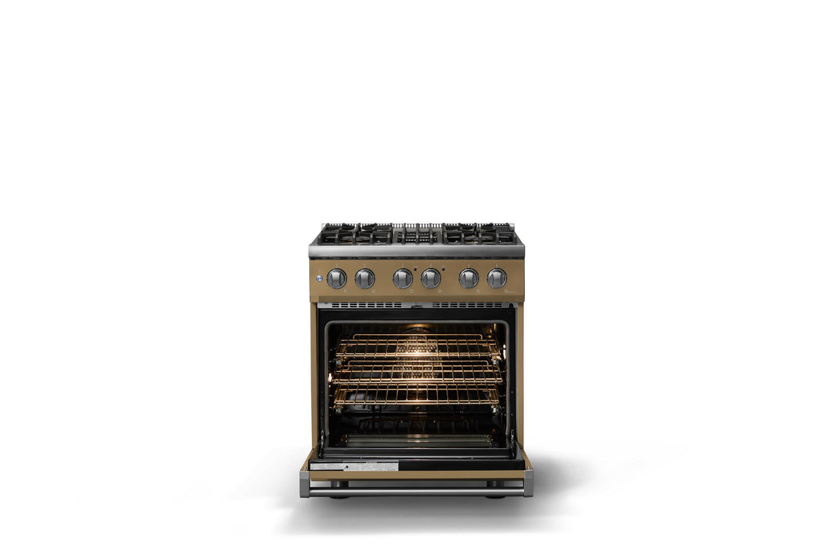 30"W. Dual Fuel Range (Finish: Golden Hour, Trim: Polished Chrome, Fuel: Natural Gas)