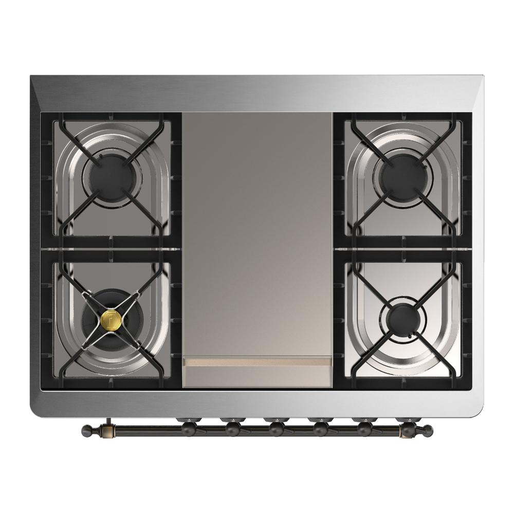ILVE UM36FQNR3MBBLP Majestic III 36 inch Dual Fuel Range with 6 Black Brass Burners and Griddle, Dual Function Burner up to 25,000 BTU (Solid Door, Midnight Blue, Burnished, Liquid Propane)