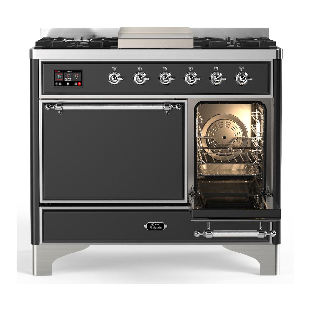ILVE UMD40FQNR3MGC Majestic III 40 inch Dual Fuel Range with 6 Burners and Griddle, Dual Function Burner up to 25,000 BTU (Natural Gas, Solid Door, Graphite Matte, Chrome)