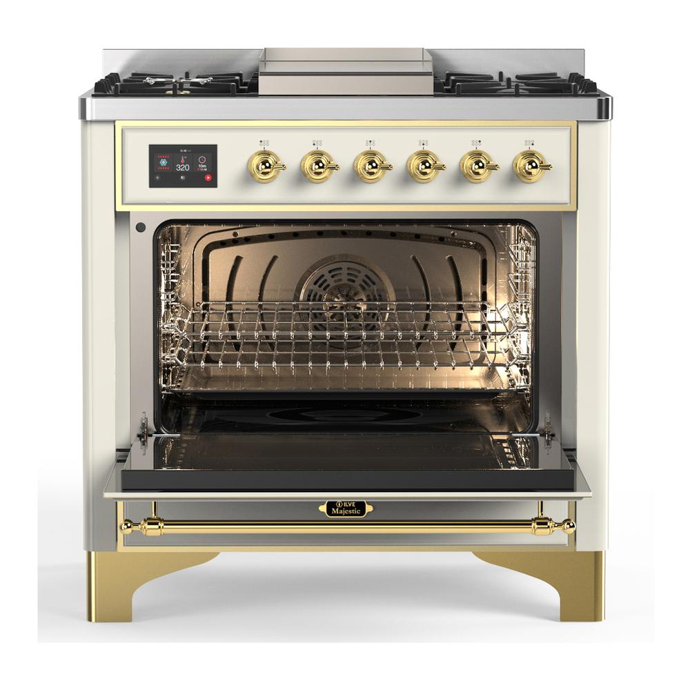 ILVE UM36FNR3AWGLP Majestic III 36 inch Dual Fuel Range with 6 Black Brass Burners and Griddle, Dual Function Burner up to 25,000 BTU (Triple Glass Door, Antique White, Brass, Liquid Propane)