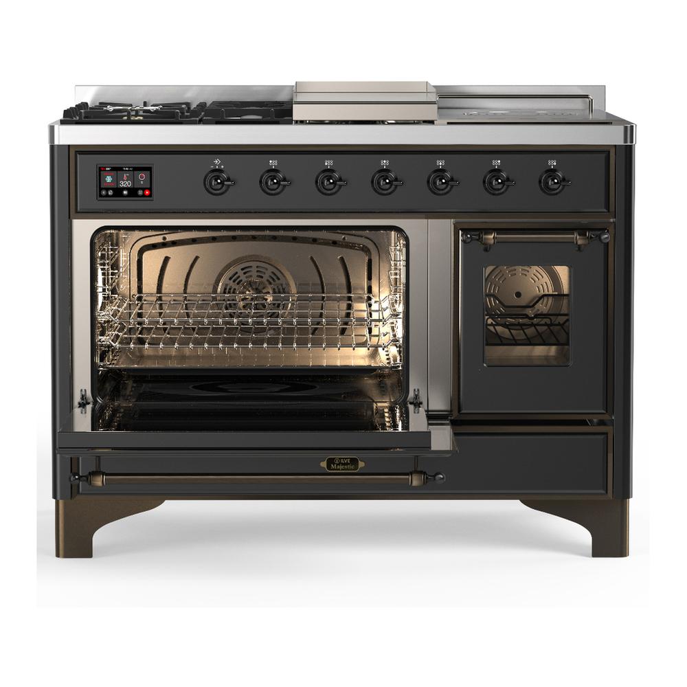 ILVE UM48FSNR3MGBLP Majestic III 48 inch Dual Fuel Range with 5 Black Brass Burners, Griddle and French Top, Dual Function Burner up to 25,000 BTU (Liquid Propane, Triple Glass Door, Graphite Matte, Burnished)