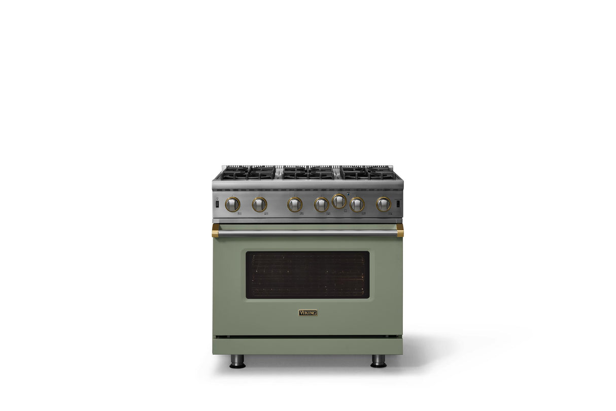 36"W. Open Burner Gas Range (Finish: Eucalyptus, Trim: Brushed Brass, Fuel: Natural Gas)