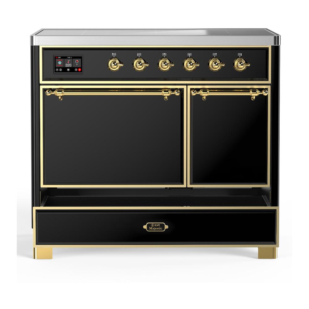 ILVE UMDIB40QNR3BKG Majestic III 40 inch Induction Range with 6 Elements, 3.82 cu. ft. Total Oven Capacity (Solid Door, Glossy Black, Brass)