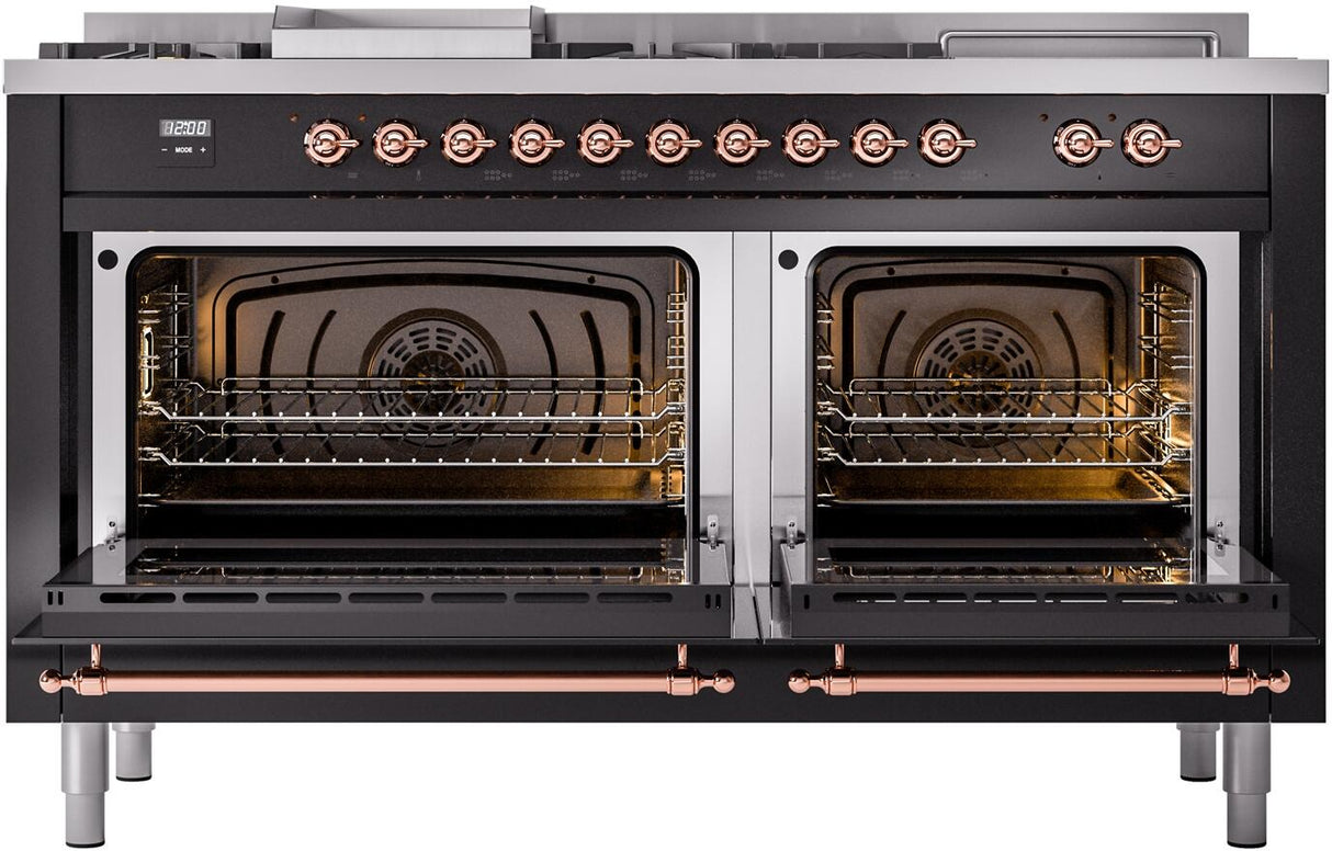 Nostalgie II 60 Inch Dual Fuel Liquid Propane Freestanding Range in Glossy Black with Copper Trim