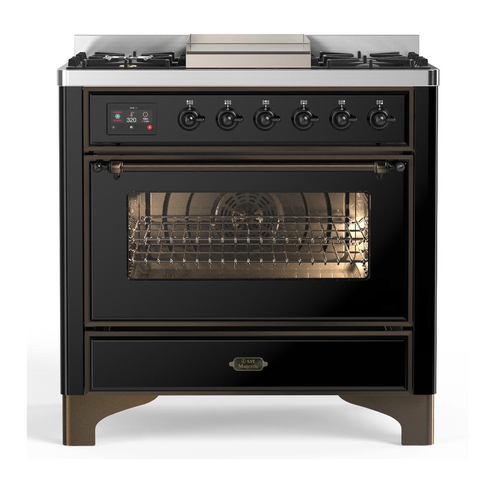 ILVE UM36FNR3BKBLP Majestic III 36 inch Dual Fuel Range with 6 Black Brass Burners and Griddle, Dual Function Burner up to 25,000 BTU (Triple Glass Door, Glossy Black, Burnished, Liquid Propane)
