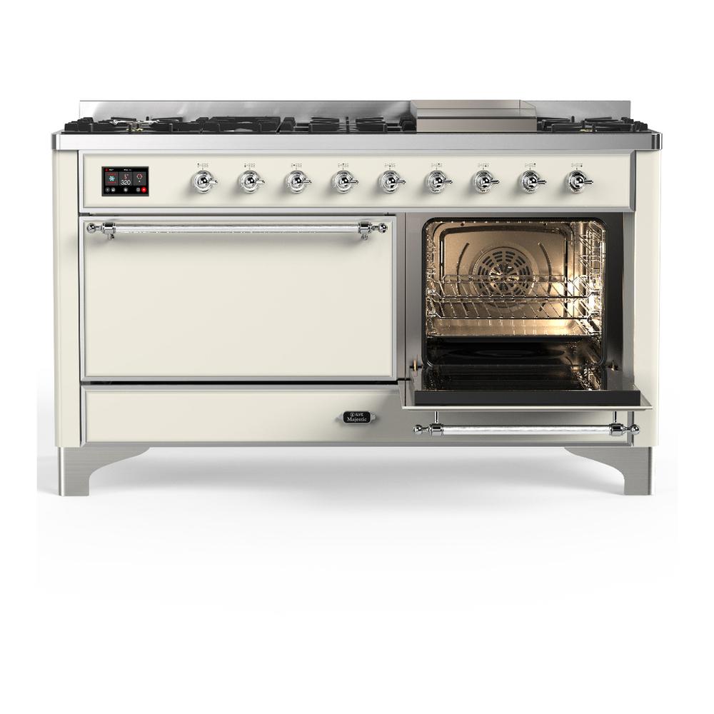 ILVE UM60FQNR3AWC Majestic III 60 inch Dual Fuel Range with 9 Burners and Griddle, Dual Function Burner up to 25,000 BTU (Natural Gas, Solid Door, Antique White, Chrome)