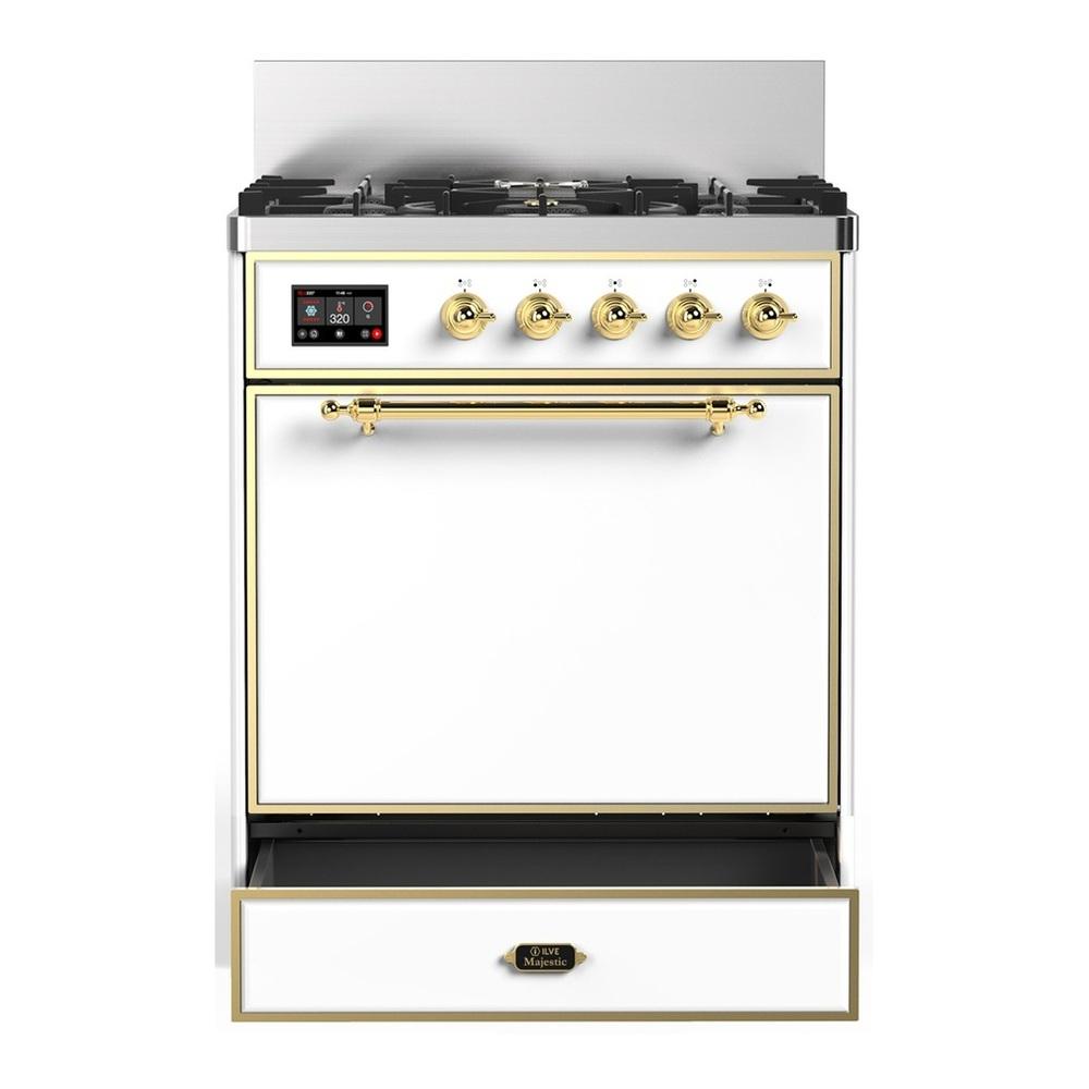 ILVE UM30QNR3WHG Majestic III 30 inch Dual Fuel Range with 5 Black Brass Burners, Dual Function Burner up to 25,000 BTU (Natural Gas, Solid Door, White, Brass)