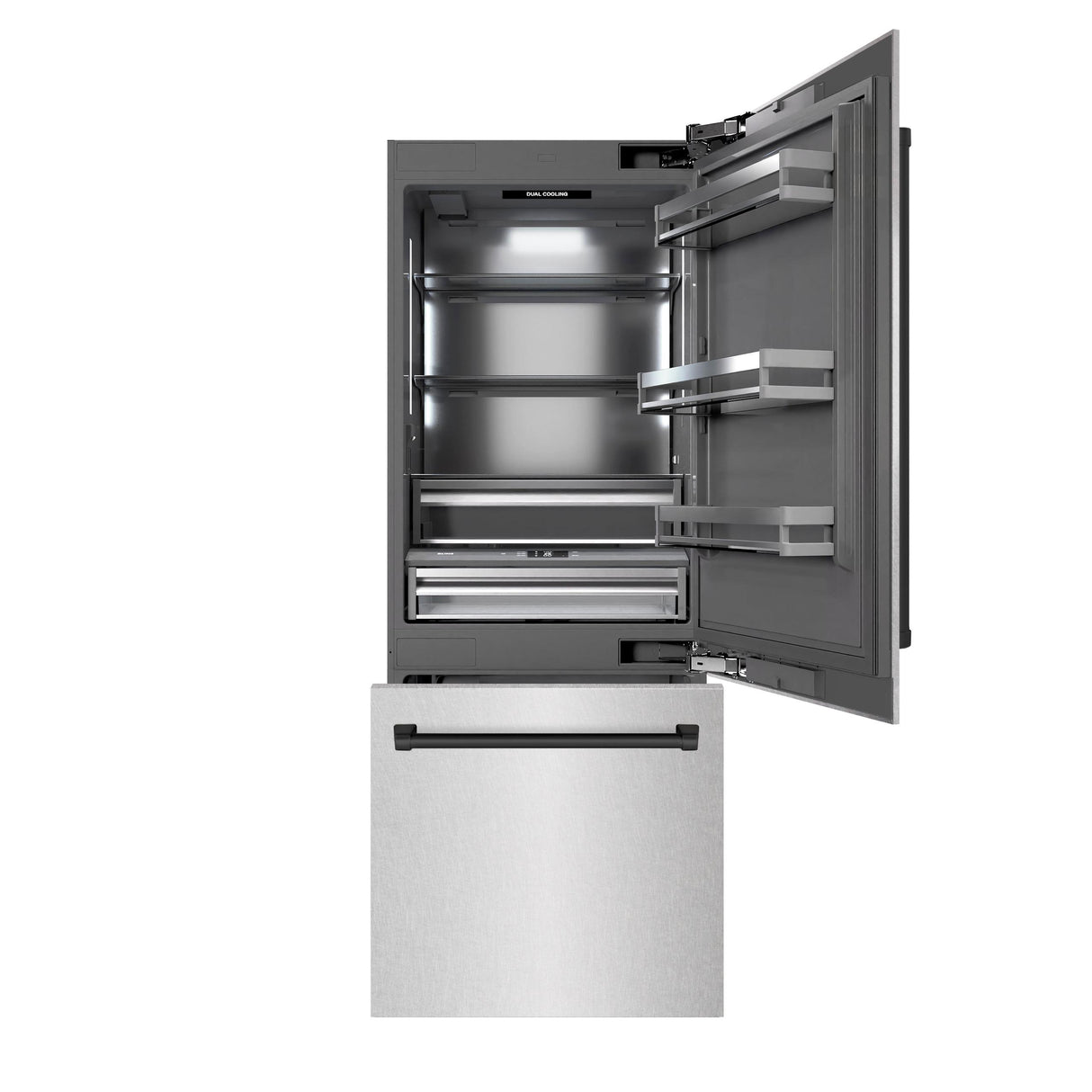 ZLINE Autograph Edition 30 in. 16.1 cu. ft. Built-In Bottom Freezer Refrigerator with Water Dispenser and Ice Maker in DuraSnow' Stainless Steel with Graphite Gray Interior and Matte Black Accents (GRBIVZ-SN-30-MB)