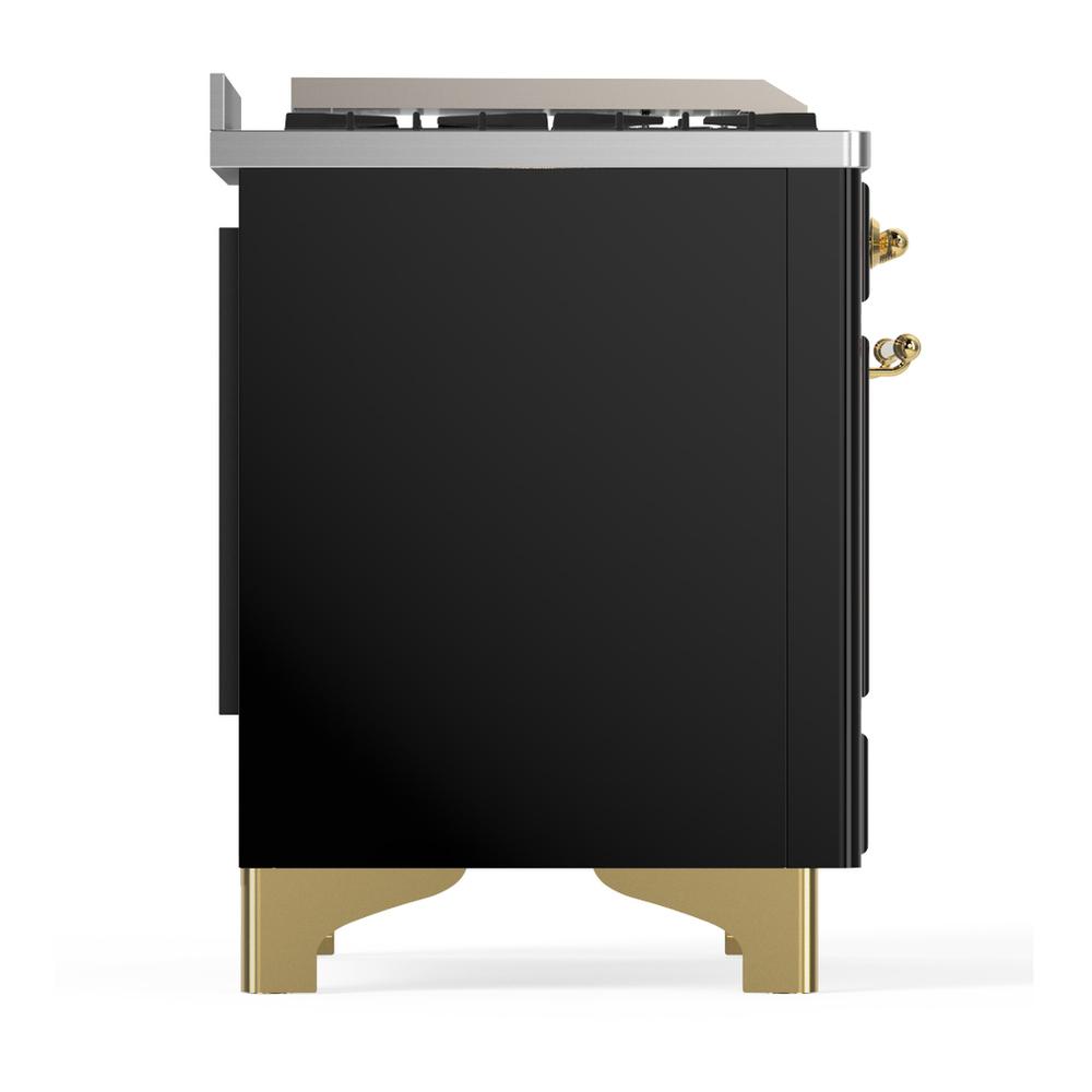 ILVE UM60FNR3BKG Majestic III 60 inch Dual Fuel Range with 9 Burners and Griddle, Dual Function Burner up to 25,000 BTU (Natural Gas, Triple Glass Door, Glossy Black, Brass)