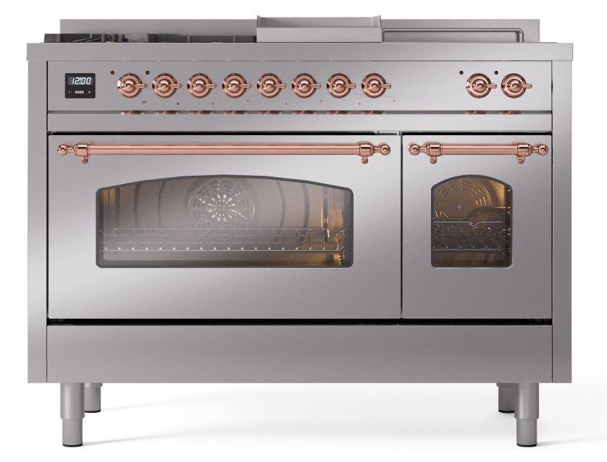 Nostalgie II 48 Inch Dual Fuel Natural Gas Freestanding Range in Stainless Steel with Copper Trim