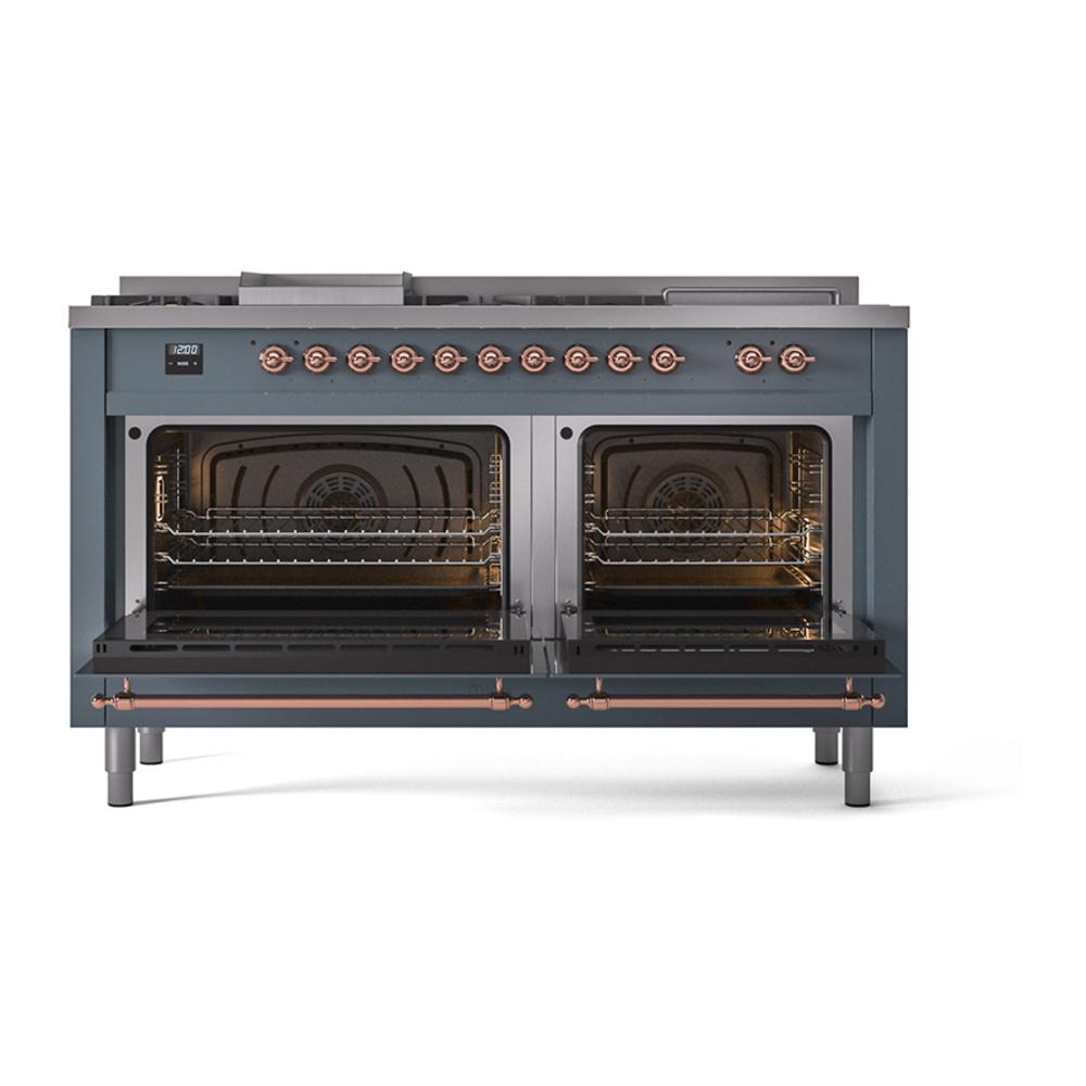 ILVE UN60FSNMPBGP Nostalgie II Noblesse 60 inch Dual Fuel Range (7 Sealed Burners + Griddle + French Top, Natural Gas, Triple Glass Door, Blue Grey, Copper)