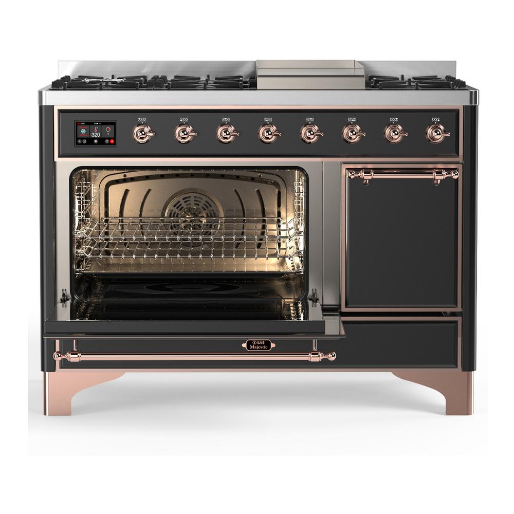 ILVE UM48FQNR3MGP Majestic III 48 inch Dual Fuel Range with 8 Burners and Griddle, Dual Function Burner up to 25,000 BTU (Natural Gas, Solid Door, Graphite Matte, Copper)