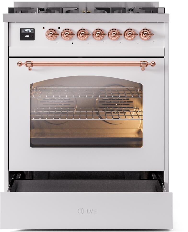 Nostalgie II 30 Inch Dual Fuel Natural Gas Freestanding Range in White with Copper Trim