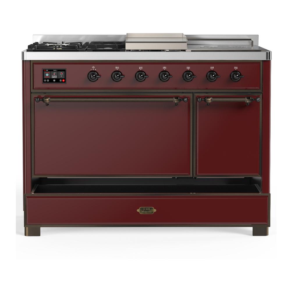 ILVE UM48FSQNR3BUB Majestic III 48 inch Dual Fuel Range with 5 Black Brass Burners, Griddle and French Top, Dual Function Burner up to 25,000 BTU (Natural Gas, Solid Door, Burgundy, Burnished)