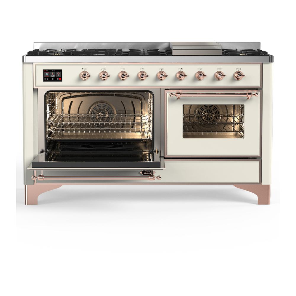 ILVE UM60FNR3AWPLP Majestic III 60 inch Dual Fuel Range with 9 Burners and Griddle, Dual Function Burner up to 25,000 BTU (Liquid Propane, Triple Glass Door, Antique White, Copper)