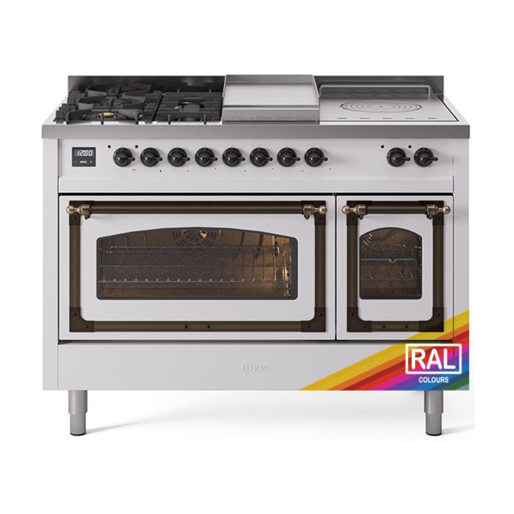 ILVE UN48FSNMPRABLP Nostalgie II Noblesse 48 inch Dual Fuel Range (5 Sealed Burners + Griddle + French Top, Liquid Propane, Triple Glass Door, RAL, Burnished)
