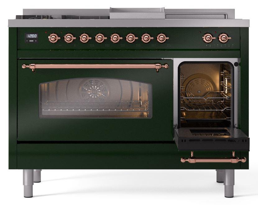 Nostalgie II 48 Inch Dual Fuel Natural Gas Freestanding Range in Emerald Green with Copper Trim