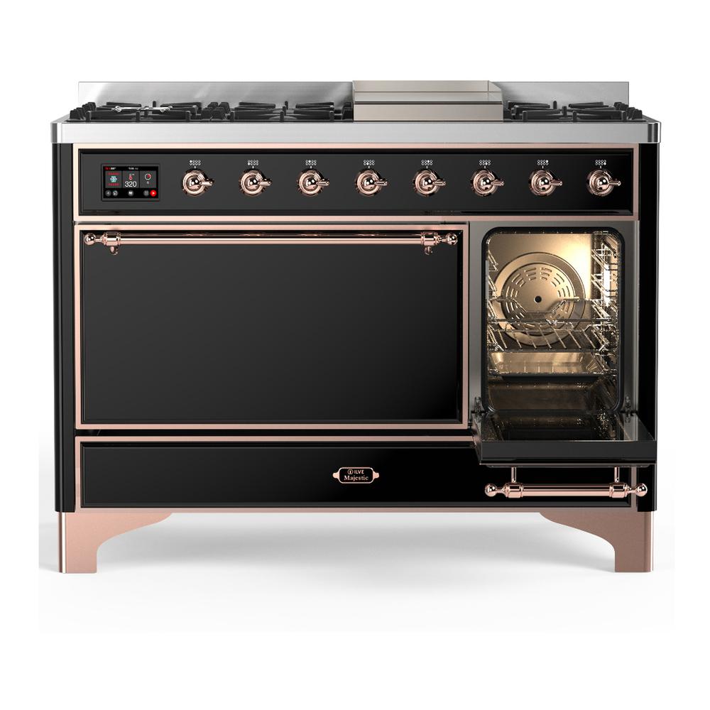 ILVE UM48FQNR3BKPLP Majestic III 48 inch Dual Fuel Range with 8 Burners and Griddle, Dual Function Burner up to 25,000 BTU (Liquid Propane, Solid Door, Glossy Black, Copper)