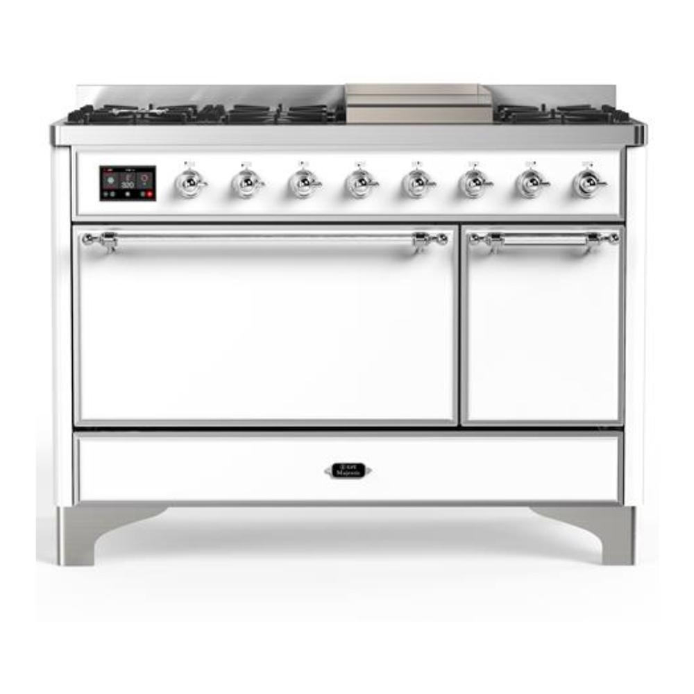 ILVE UM48FQNR3WHCLP Majestic III 48 inch Dual Fuel Range with 8 Burners and Griddle, Dual Function Burner up to 25,000 BTU (Liquid Propane, Solid Door, White, Chrome)
