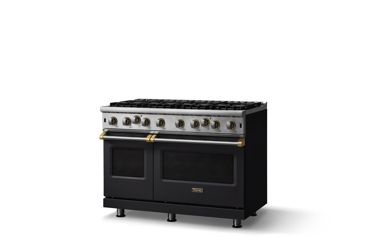 48"W. Open Burner Gas Range (Finish: Onyx, Trim: Brushed Brass, Fuel: Propane)