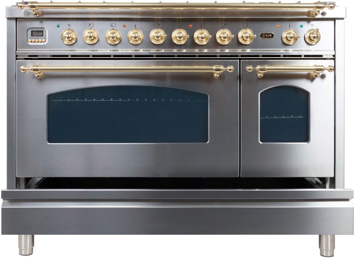 Nostalgie 48 Inch Dual Fuel Natural Gas Freestanding Range in Stainless Steel with Brass Trim