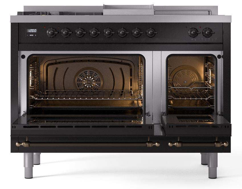 Nostalgie II 48 Inch Dual Fuel Liquid Propane Freestanding Range in Glossy Black with Bronze Trim