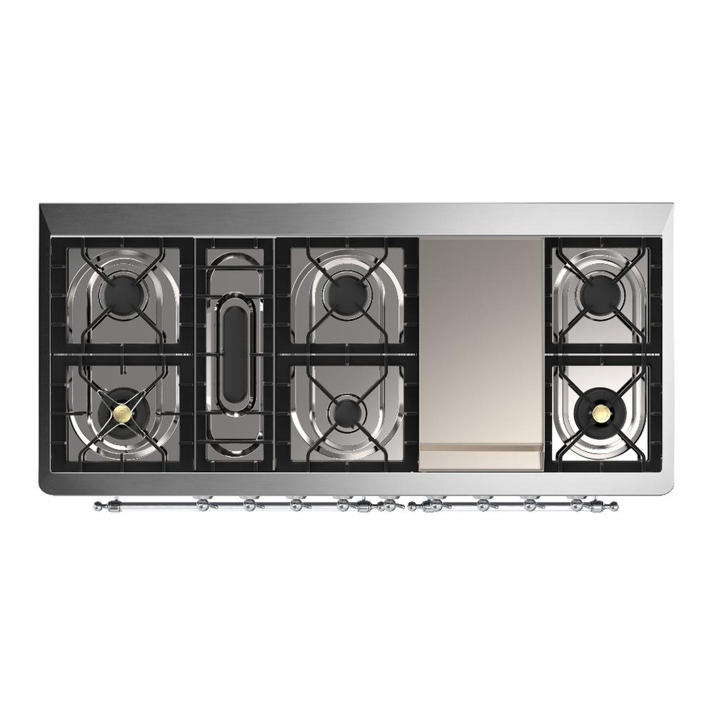 ILVE UM60FNR3SSCLP Majestic III 60 inch Dual Fuel Range with 9 Burners and Griddle, Dual Function Burner up to 25,000 BTU (Liquid Propane, Triple Glass Door, Stainless Steel, Chrome)