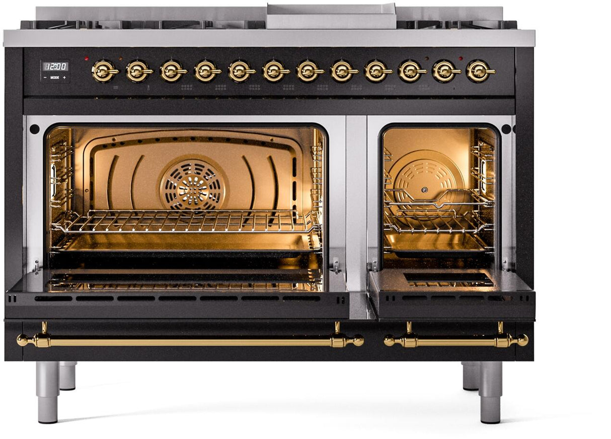 Nostalgie II 48 Inch Dual Fuel Natural Gas Freestanding Range in Glossy Black with Brass Trim