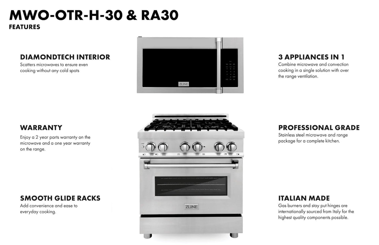 ZLINE 30 in. Kitchen Package Stainless Steel Dual Fuel Range and Over The Range Microwave with Traditional Handle (2KP-RAOTRH30)